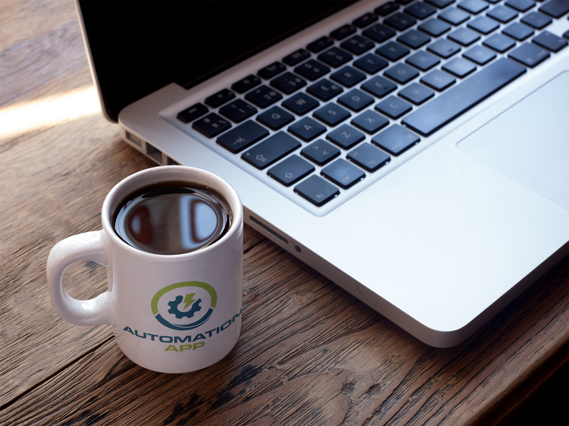 Cup of coffee with Automation App logo